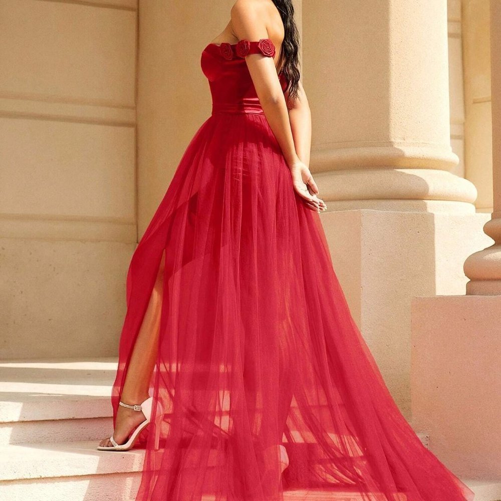 Red Preppy Womens Off Shoulder Split Thigh Mesh Overlay Formal Dress - Picture 2 of 5